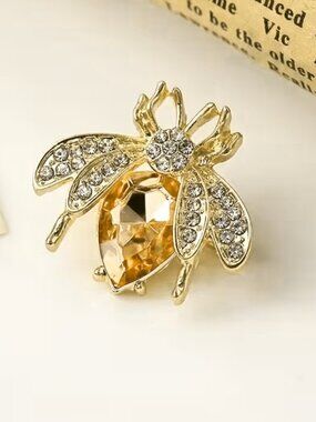Bee Brooch Vintage Inspired Golden Tone Metal Light Amber Body Rhinestone Wings
